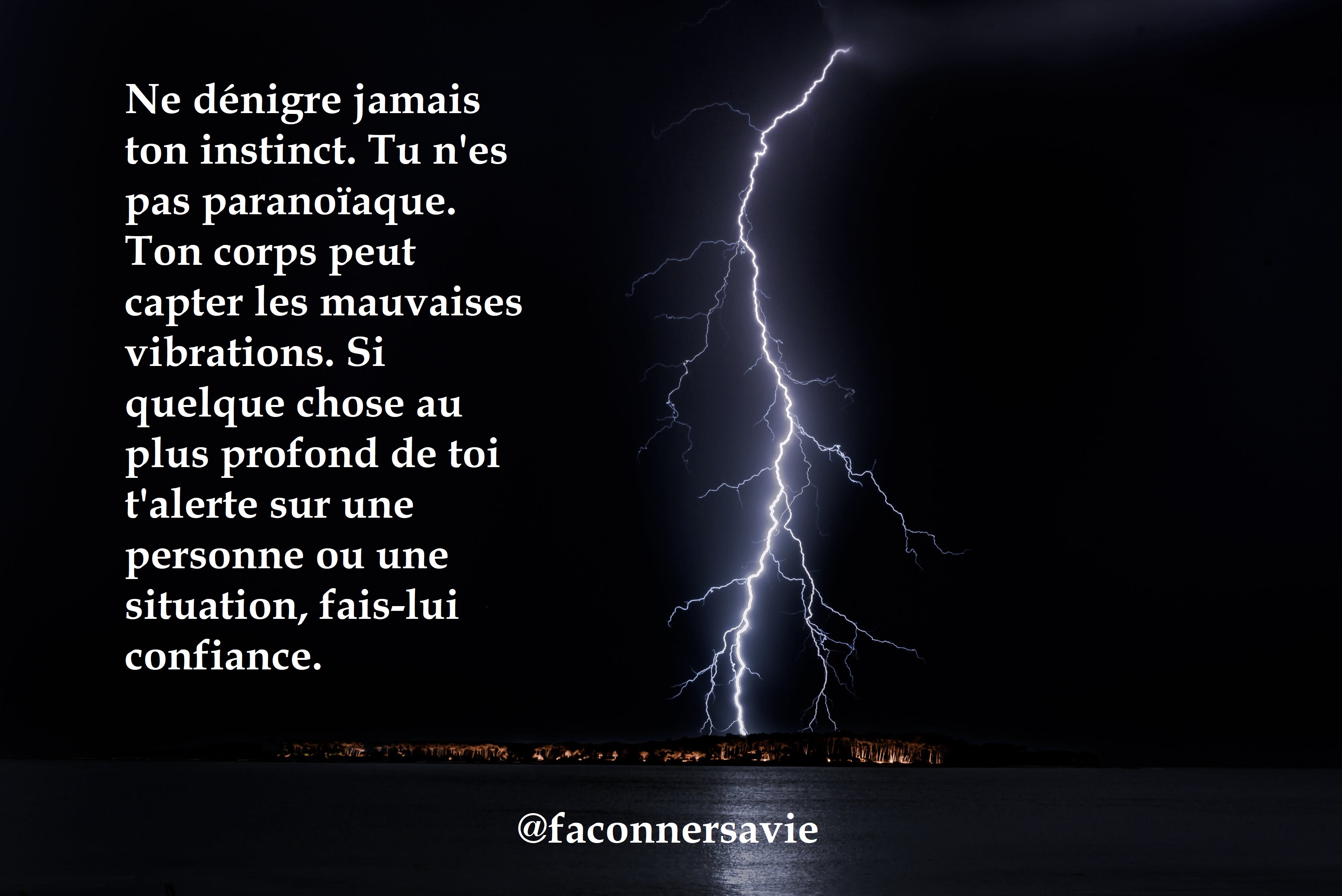 citation Ne dénigre jamais ton instinct. Tu n'es pas paranoïaque. Ton corps peut capter les mauvaises vibrations. Si quelque chose au plus profond de toi t'alerte sur une personne ou une s